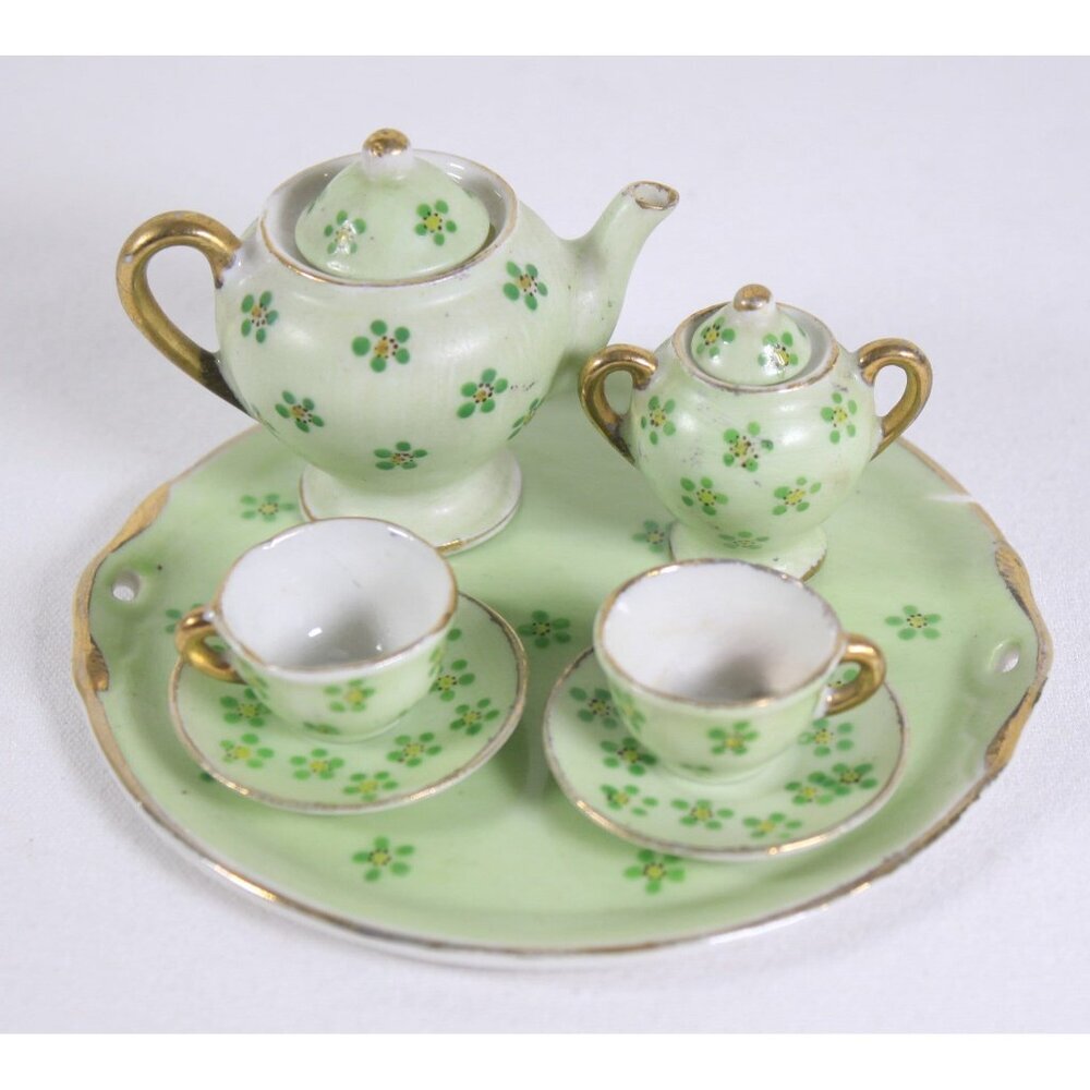 AS IS Miniature porcelain Tea Service Occupied Japan, Vintage Fairy green tea